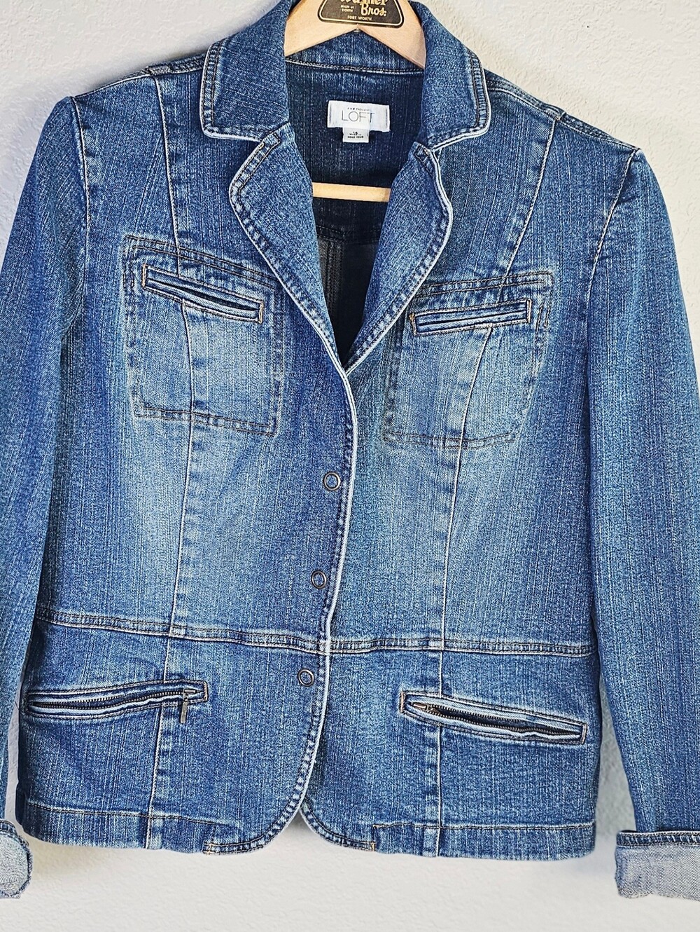 Ann Taylor LOFT Denim Blazer Jacket 14 Y2K Heavy Jean Zip Pockets